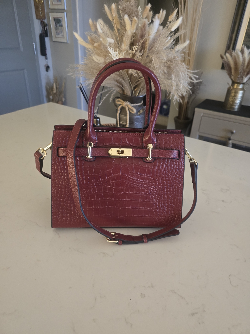 Structured Croc-Embossed Top-Handle Bag in Burgundy